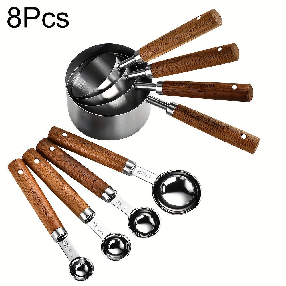 Conjunto de 1/4/8 unidades de Copos e Colheres de Medição com Cabo de Madeira de Acácia - Utensílios e Acessórios de Cozinha para Pastelaria com Ponta Prateada