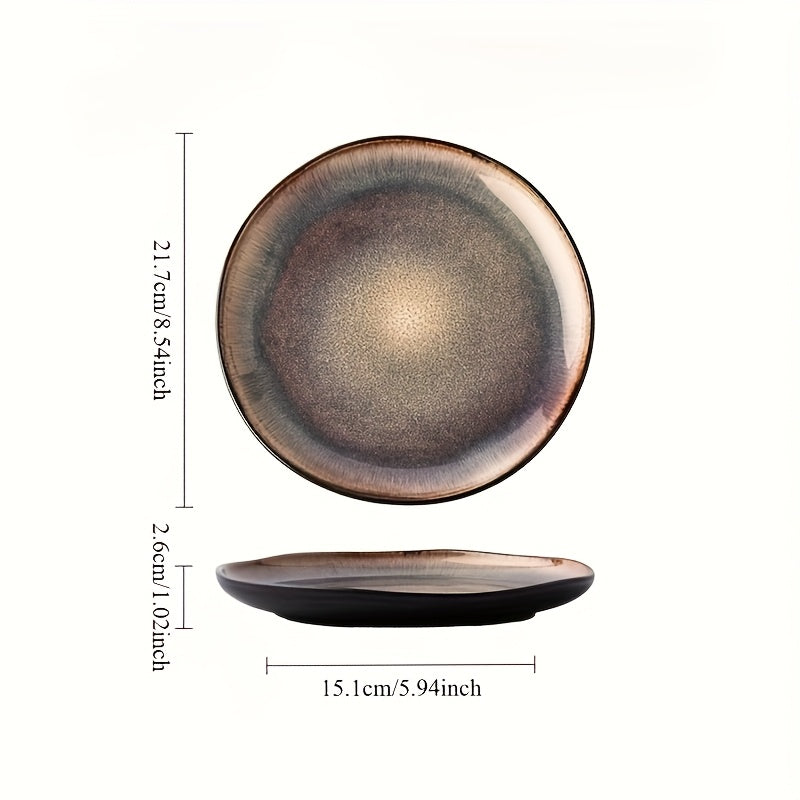 Disponível nas Quatro Estações - Prato Irregular Yunmeng - Design de Cerâmica Azul e Chama, Perfeito para Prato de Salada de Massa e Frutas, Louça da Moda, Cerâmica Feita por Artista, Prato de Cerâmica Irregular com Gradiente, Prato para Bife, Prato de Massa para Restaurante